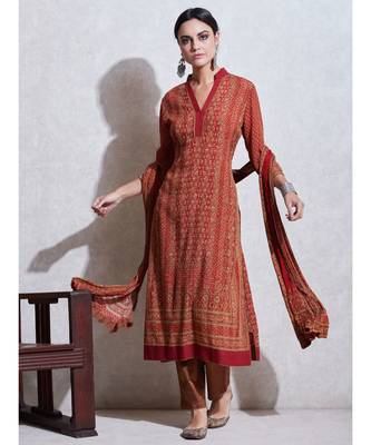 Rust & Beige Printed Kurta With Pant And Dupatta 1