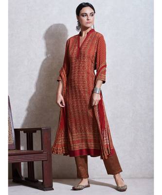 Rust & Beige Printed Kurta With Pant And Dupatta 2
