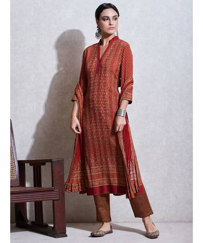 Rust & Beige Printed Kurta With Pant And Dupatta