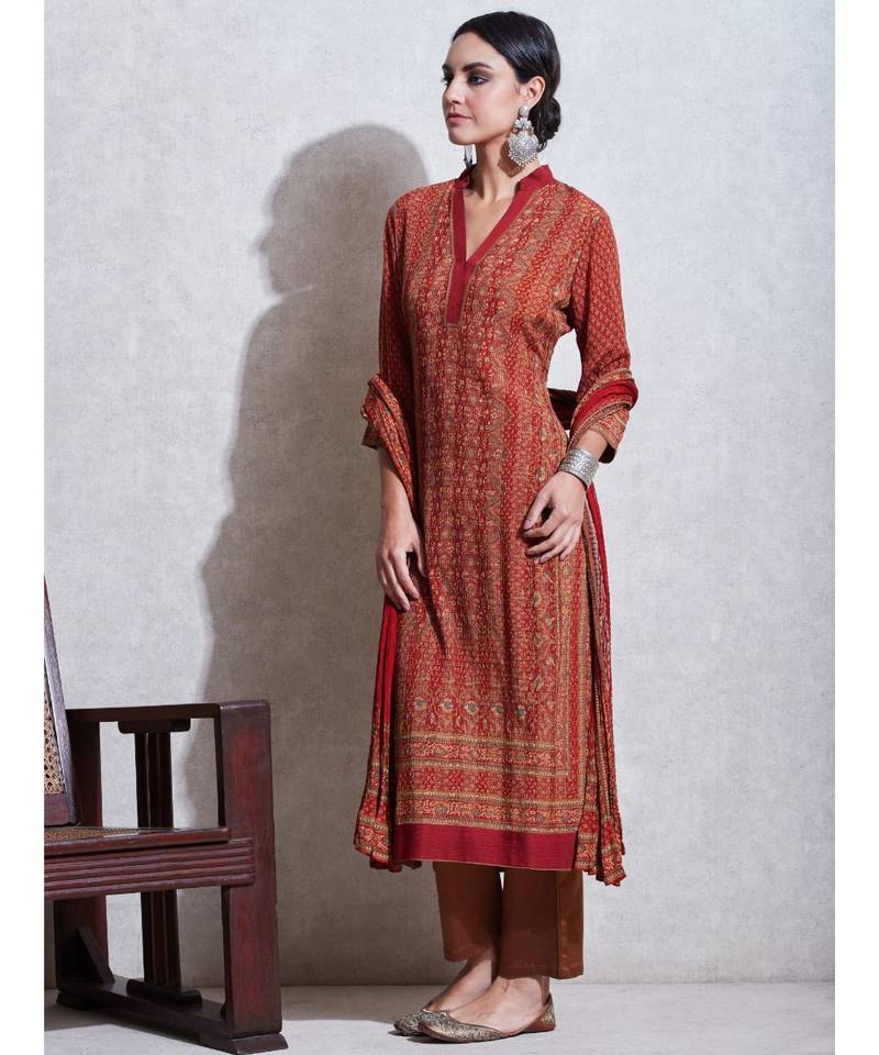 Rust & Beige Printed Kurta With Pant And Dupatta