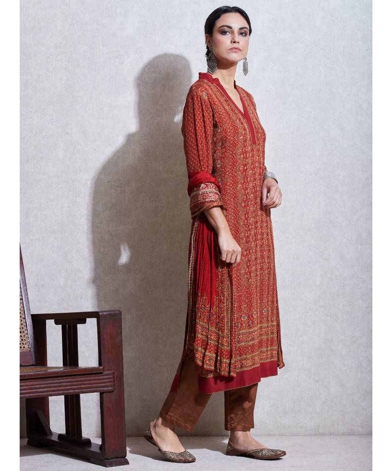 Rust & Beige Printed Kurta With Pant And Dupatta