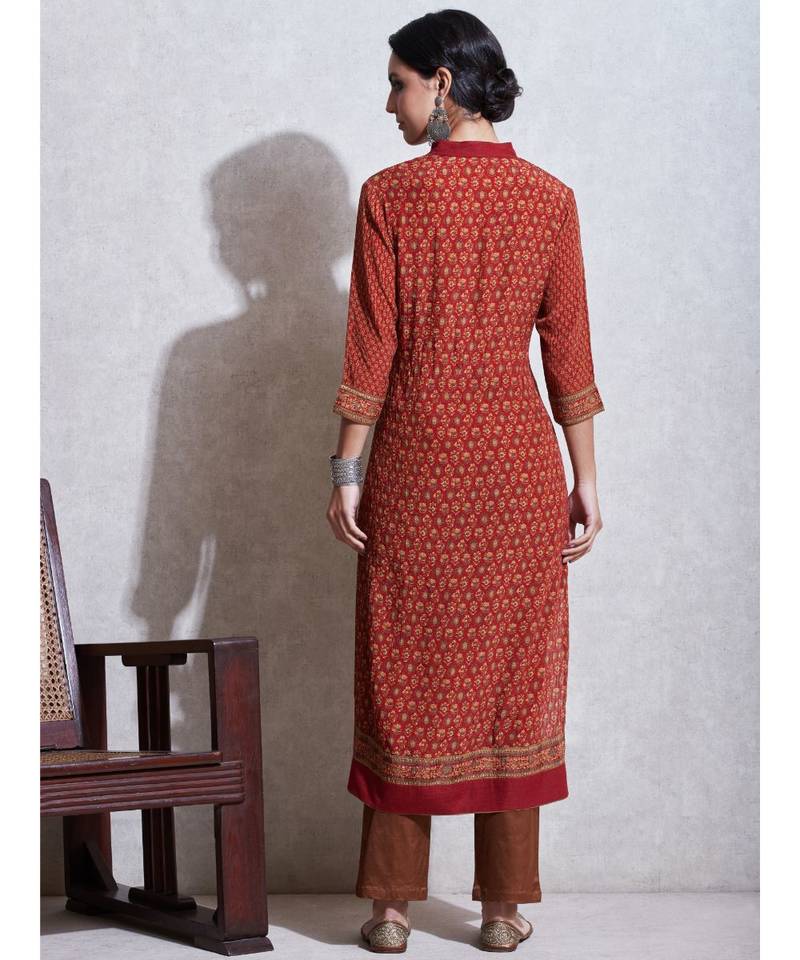 Rust & Beige Printed Kurta With Pant And Dupatta