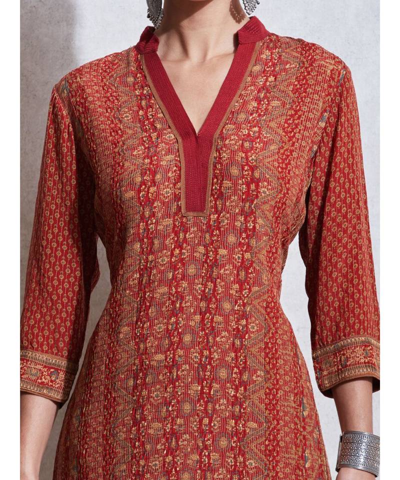 Rust & Beige Printed Kurta With Pant And Dupatta