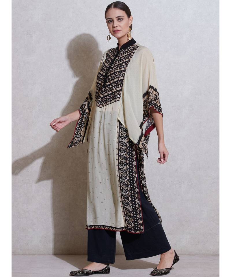 Band Collar Extended Sleeves Floral Kurta With Inner