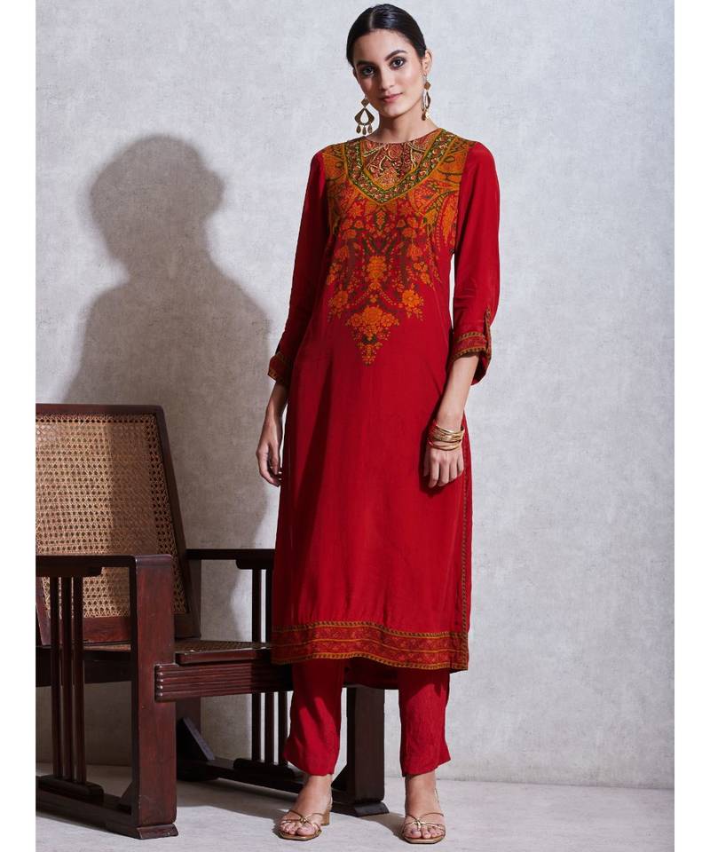Red & Emerald Floral Print Kurta with Pant and Duppata