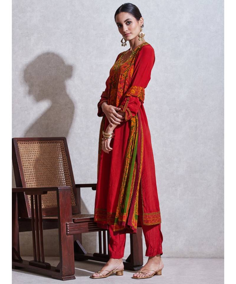 Red & Emerald Floral Print Kurta with Pant and Duppata
