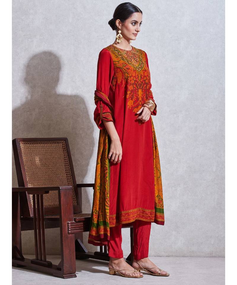 Red & Emerald Floral Print Kurta with Pant and Duppata