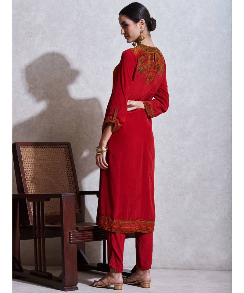 Red & Emerald Floral Print Kurta with Pant and Duppata