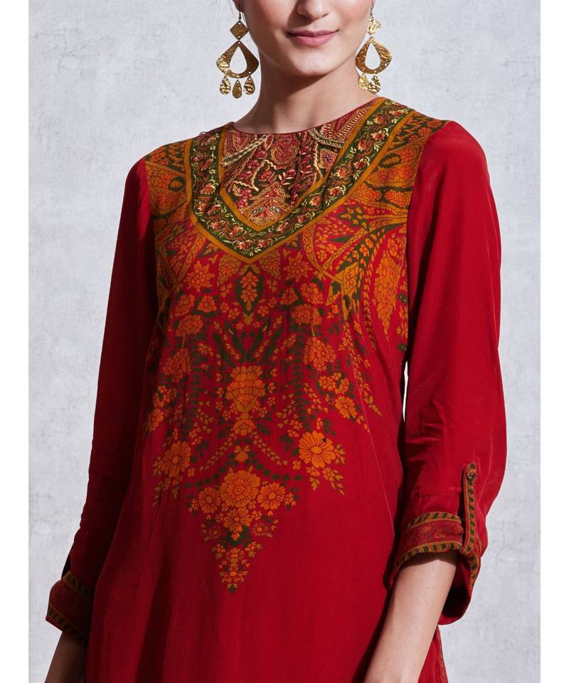 Red & Emerald Floral Print Kurta with Pant and Duppata