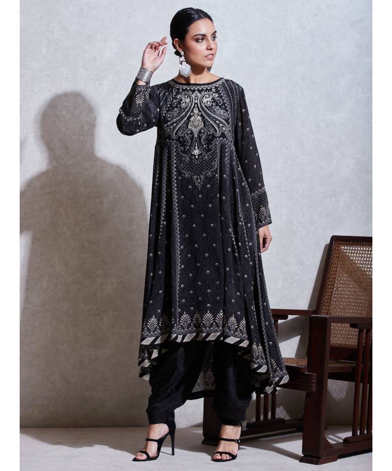 Black & Ivory Printed Kurta With Dhoti Pant
