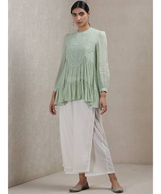 Mint Green Embroidered Tiered Kurti 1