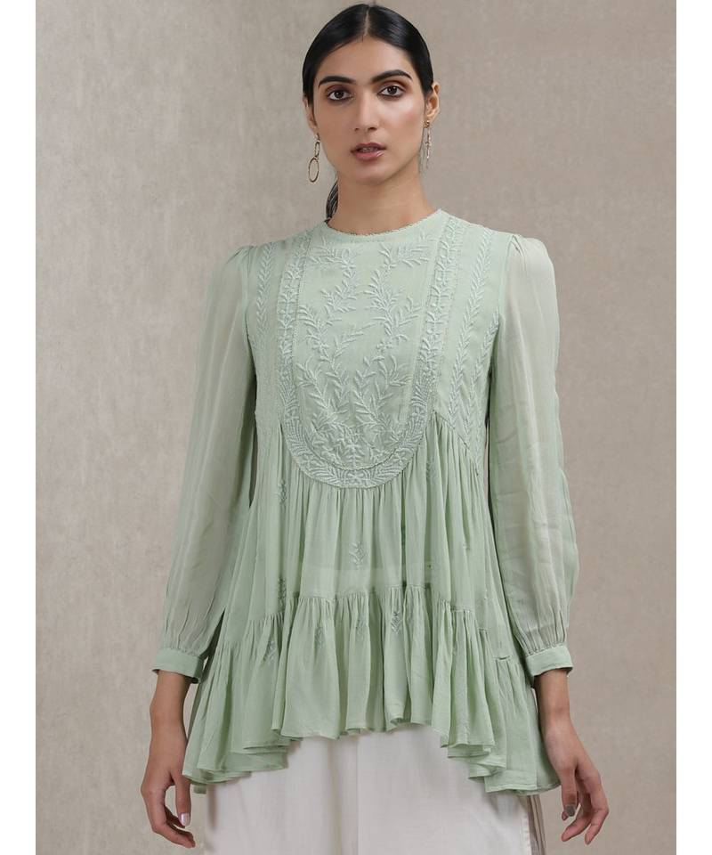 Mint Green Embroidered Tiered Kurti