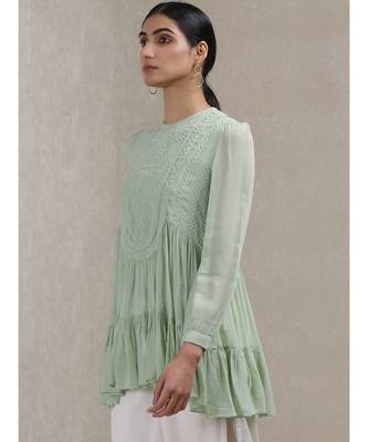 Mint Green Embroidered Tiered Kurti 3