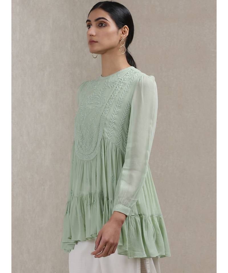 Mint Green Embroidered Tiered Kurti