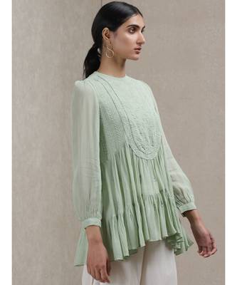 Mint Green Embroidered Tiered Kurti 4