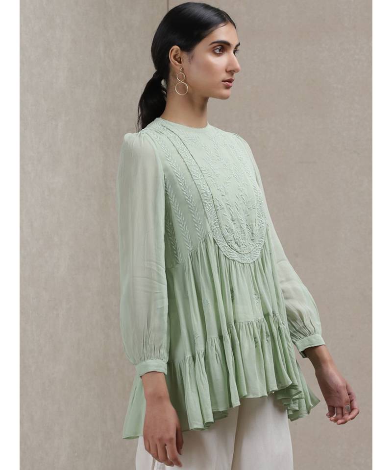 Mint Green Embroidered Tiered Kurti
