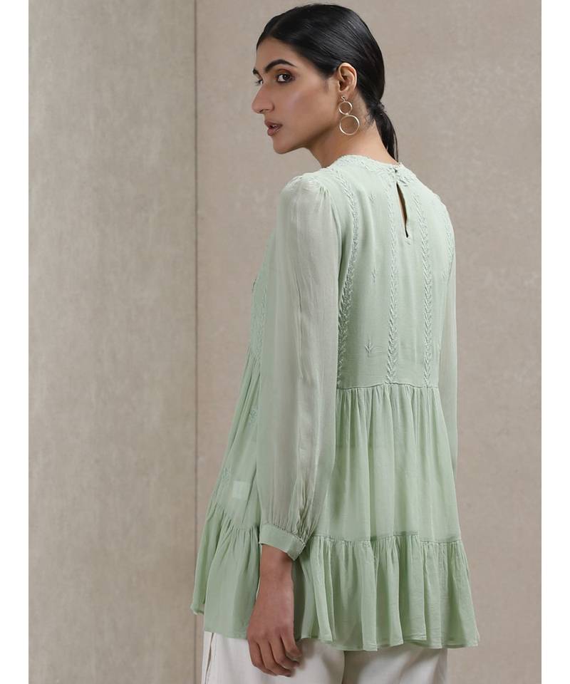 Mint Green Embroidered Tiered Kurti