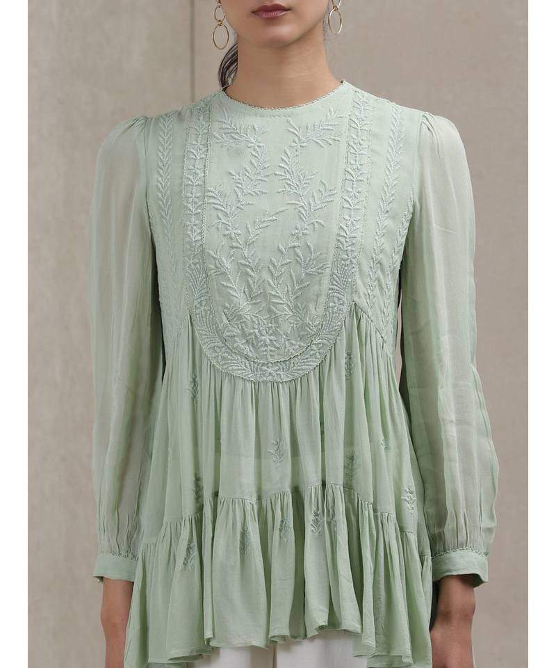 Mint Green Embroidered Tiered Kurti