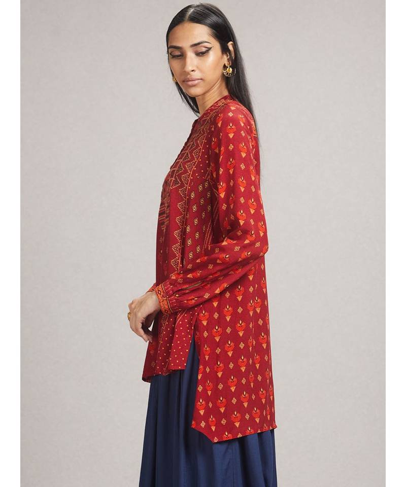 Rust Printed Asymmetric Kurti