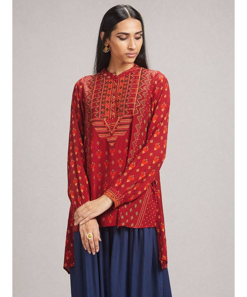 Rust Printed Asymmetric Kurti