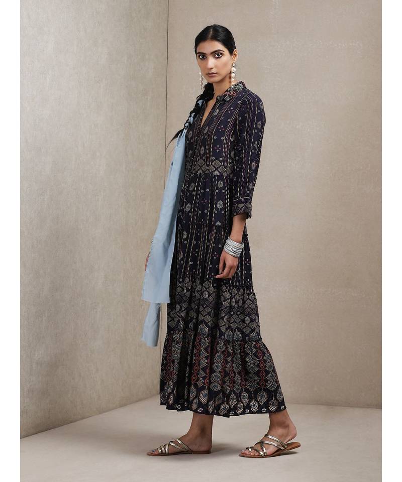 Shirt Collar 3/4 Sleeve Printed Dress