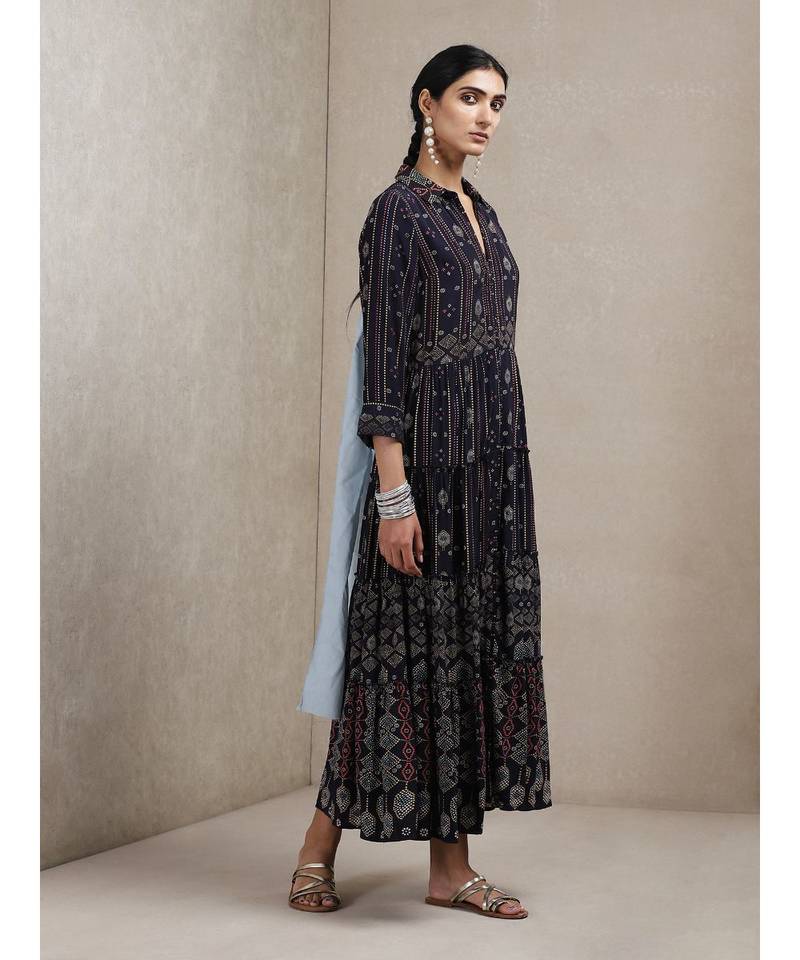 Shirt Collar 3/4 Sleeve Printed Dress