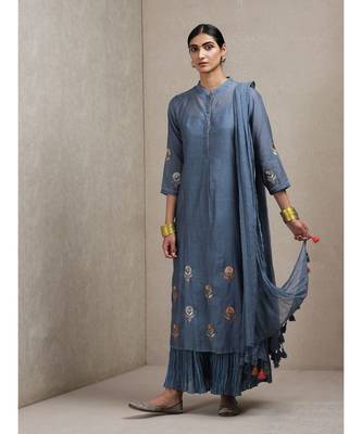 Band Collar Full Sleeve Emboridered Kurta With Dupatta And Sharara 1