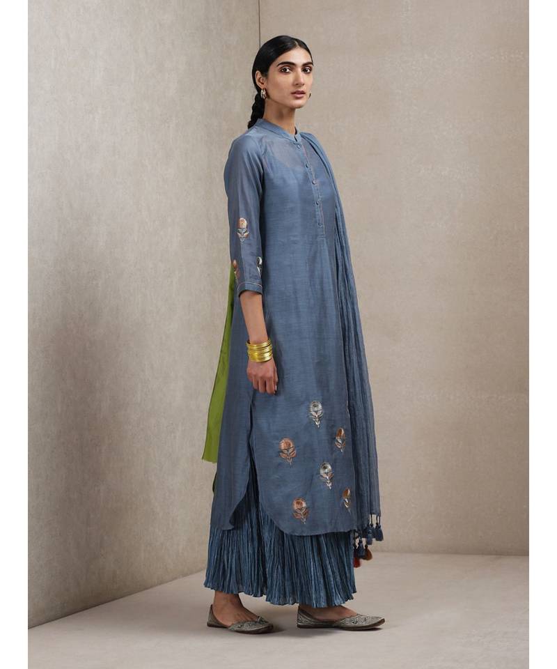 Band Collar Full Sleeve Emboridered Kurta With Dupatta And Sharara