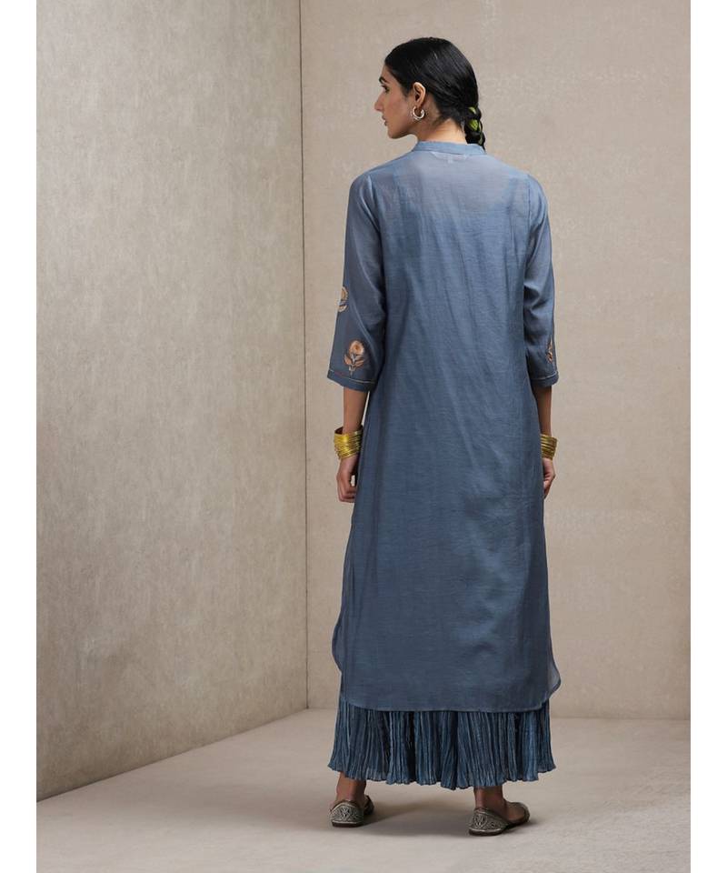 Band Collar Full Sleeve Emboridered Kurta With Dupatta And Sharara