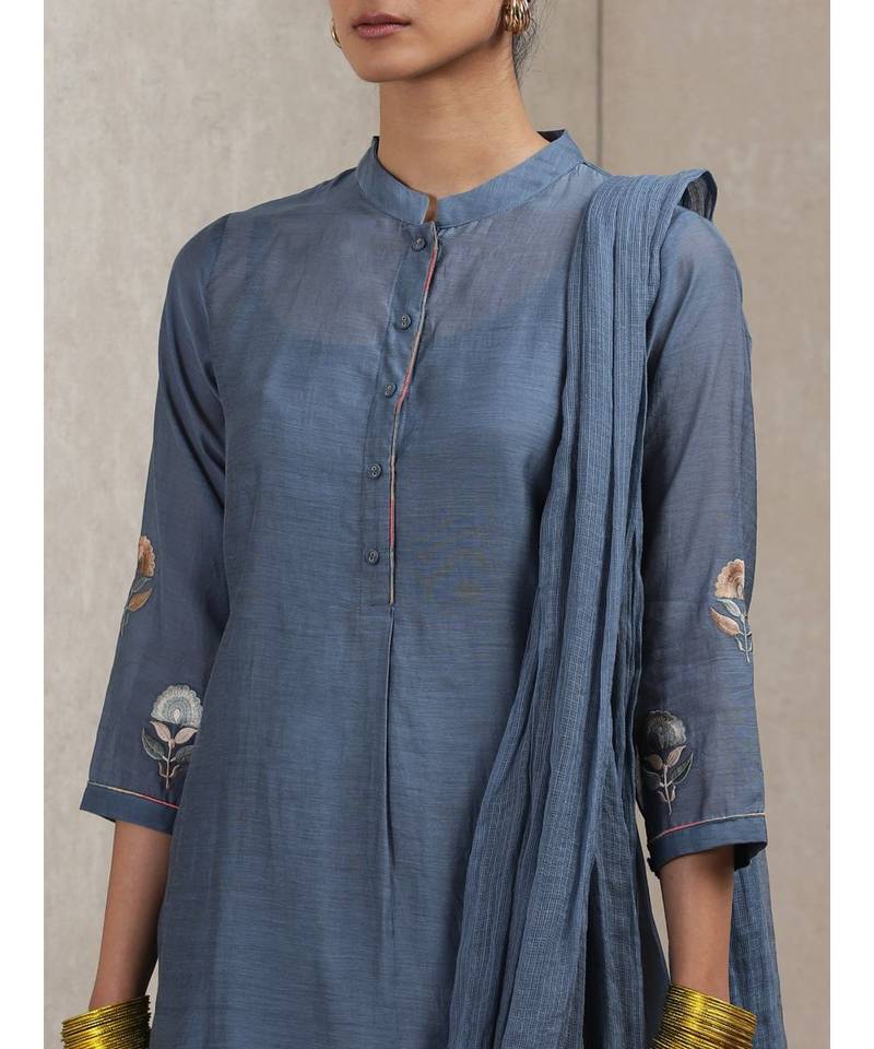 Band Collar Full Sleeve Emboridered Kurta With Dupatta And Sharara
