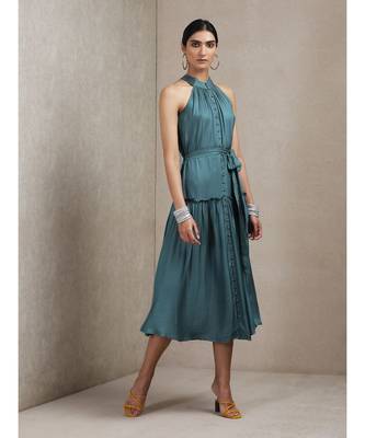 Teal Green Halter Neck Long Dress 1