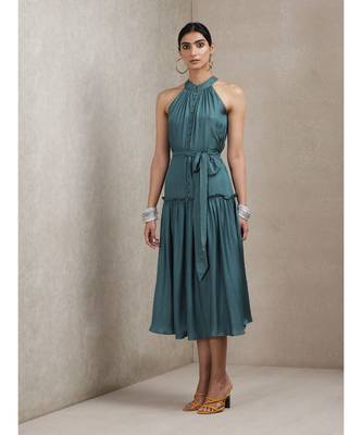 Teal Green Halter Neck Long Dress 3
