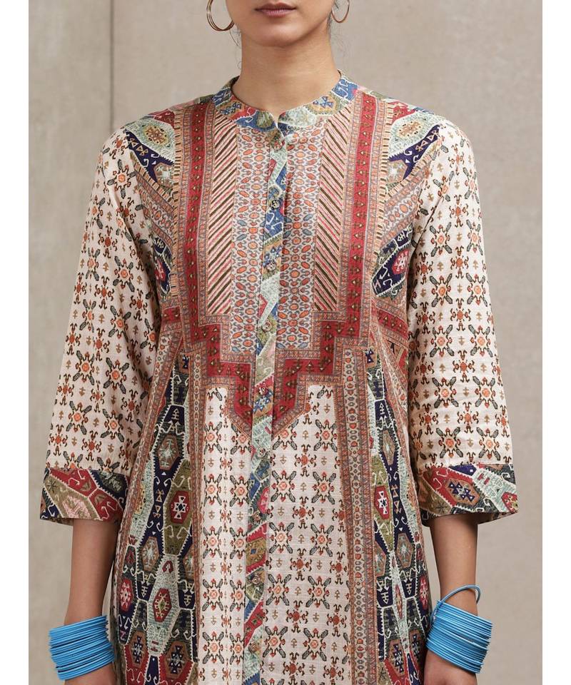 Band Collar 3/4 Sleeve Printed Kurta