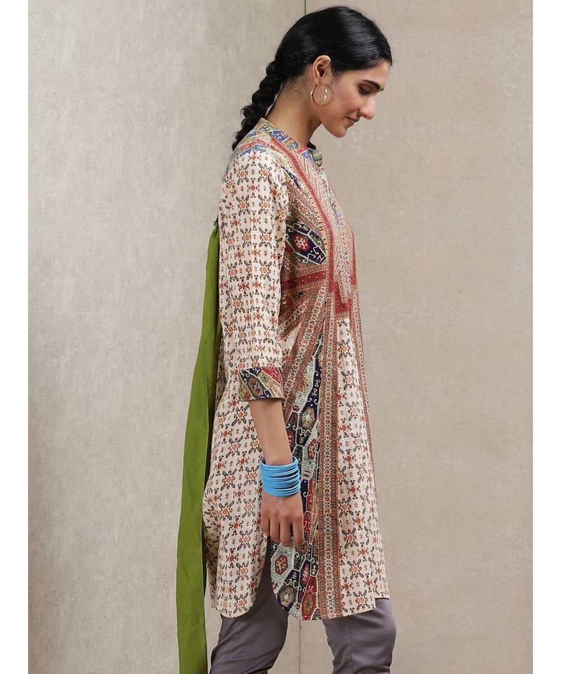 Band Collar 3/4 Sleeve Printed Kurta