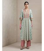 Band Collar 3/4 Ruffled Sleeve Printed Kurta With Pants