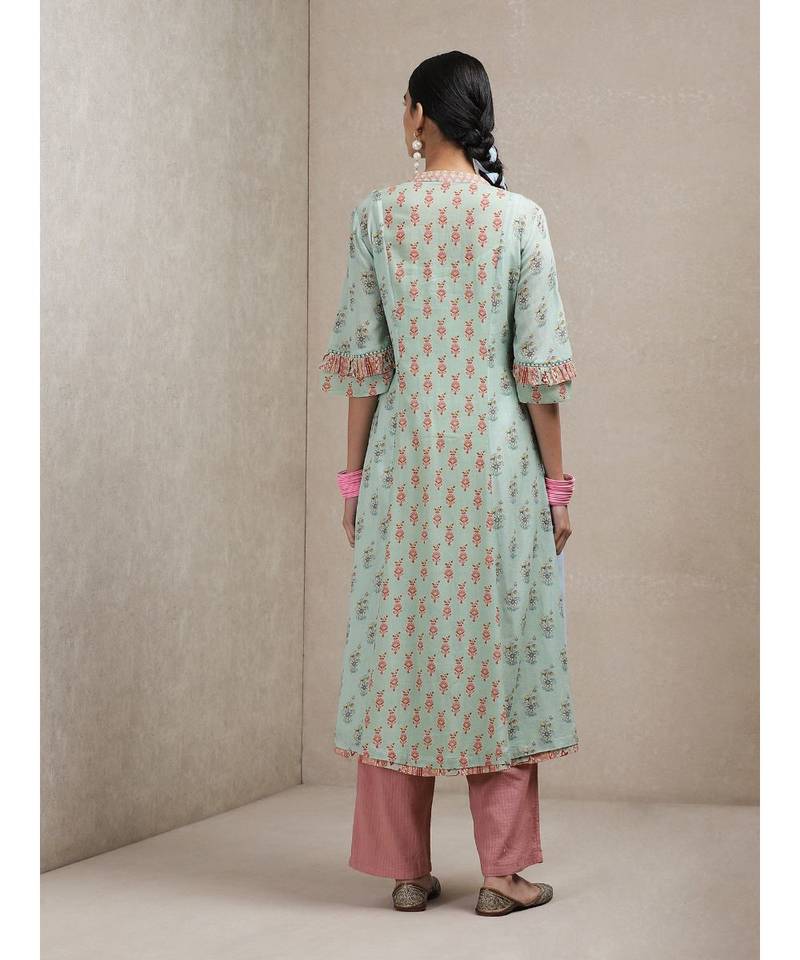 Band Collar 3/4 Ruffled Sleeve Printed Kurta With Pants