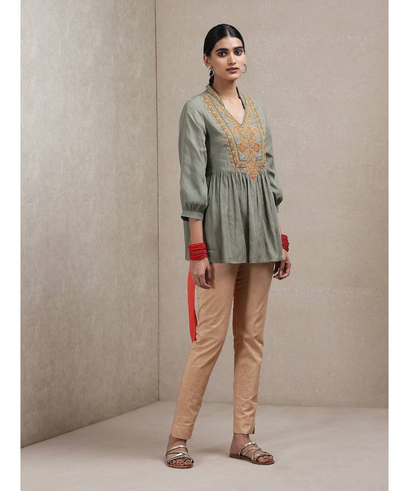 Band Collar 3/4 Sleeve Embroidered Yoke Kurti