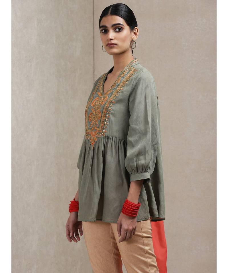 Band Collar 3/4 Sleeve Embroidered Yoke Kurti