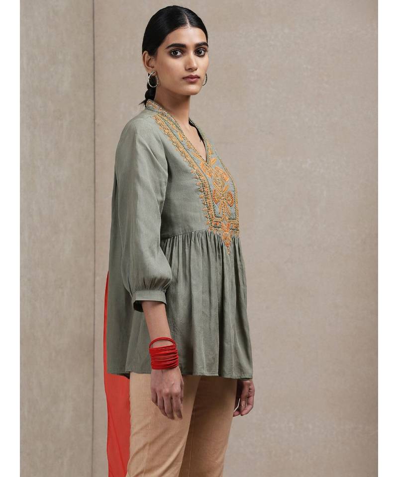 Band Collar 3/4 Sleeve Embroidered Yoke Kurti