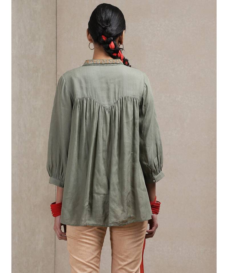 Band Collar 3/4 Sleeve Embroidered Yoke Kurti