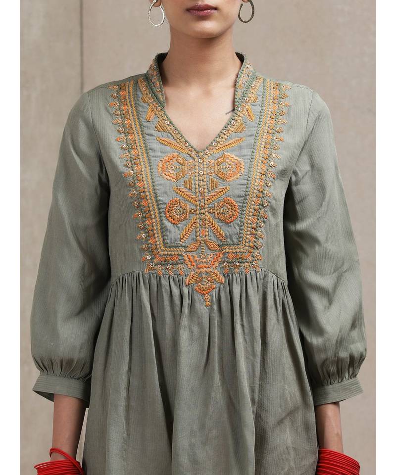 Band Collar 3/4 Sleeve Embroidered Yoke Kurti