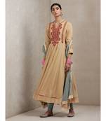 Band Collar 3/4 Sleeve Embroidered Yoke Kurta With Legging And Dupatta
