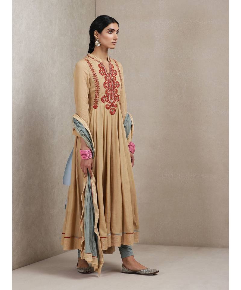 Band Collar 3/4 Sleeve Embroidered Yoke Kurta With Legging And Dupatta