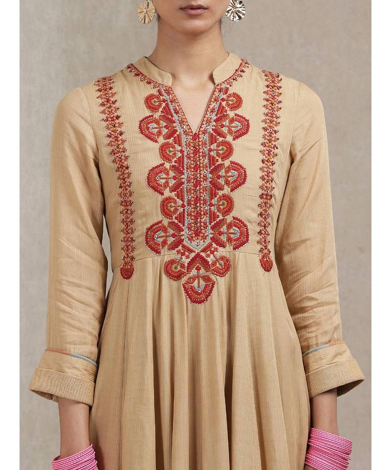 Band Collar 3/4 Sleeve Embroidered Yoke Kurta With Legging And Dupatta