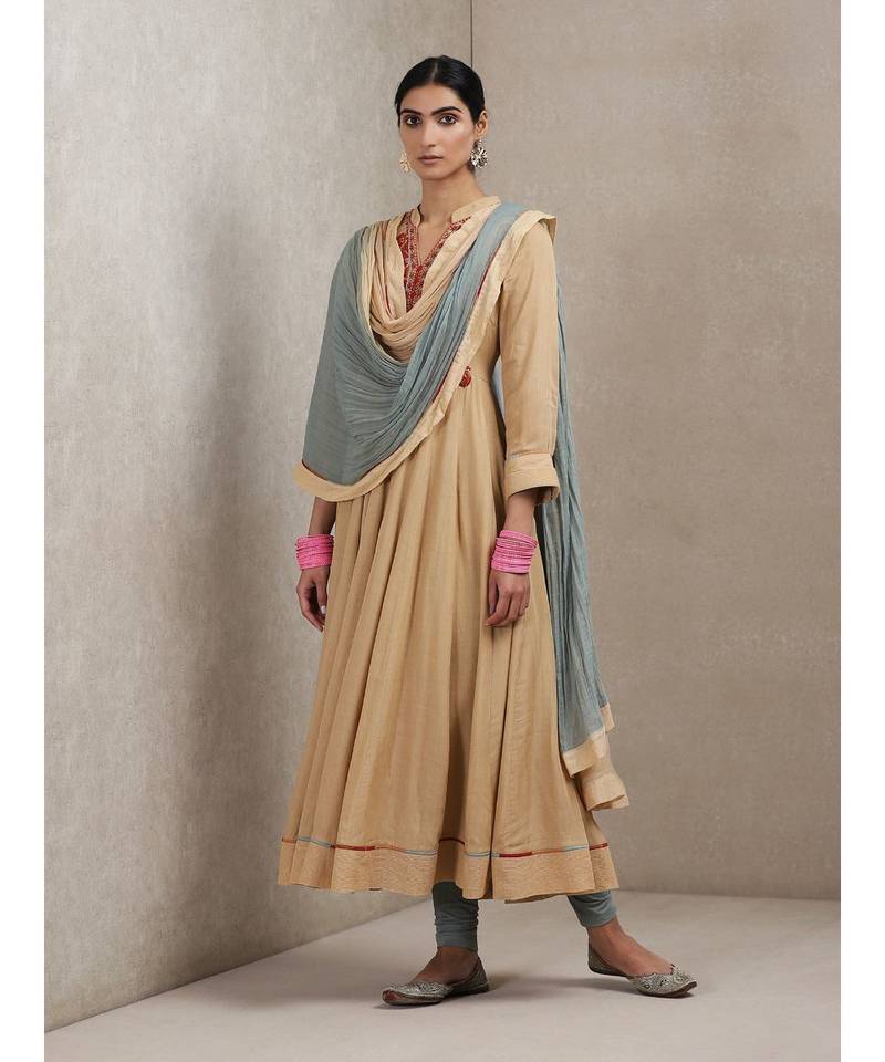 Band Collar 3/4 Sleeve Embroidered Yoke Kurta With Legging And Dupatta