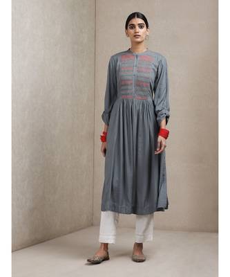 Band Neck 3/4 Sleeve Smocking Yoke Kurta 1