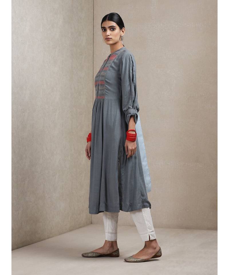 Band Neck 3/4 Sleeve Smocking Yoke Kurta