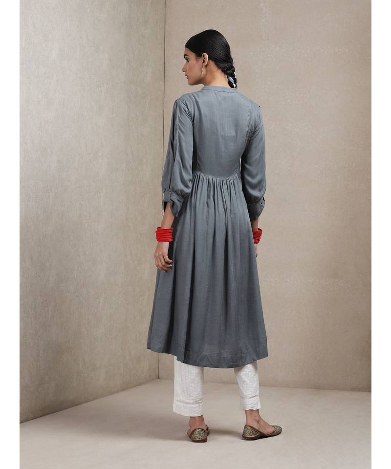 Band Neck 3/4 Sleeve Smocking Yoke Kurta