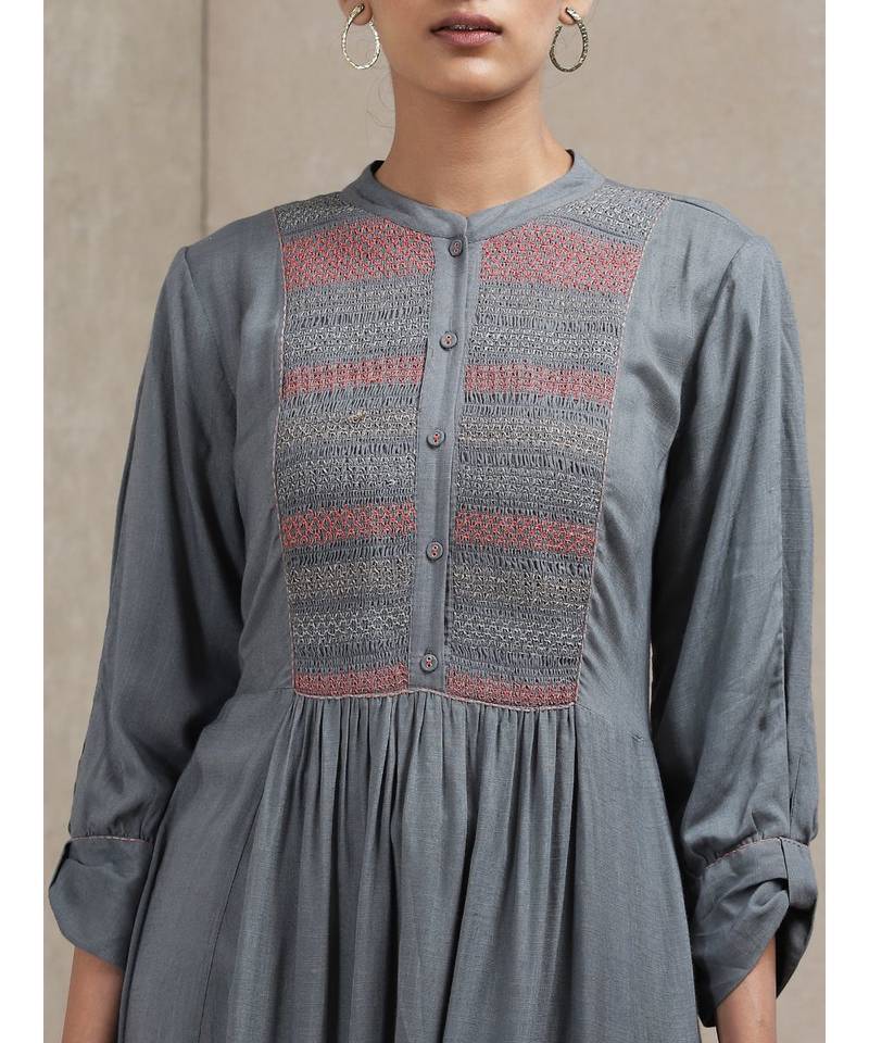 Band Neck 3/4 Sleeve Smocking Yoke Kurta