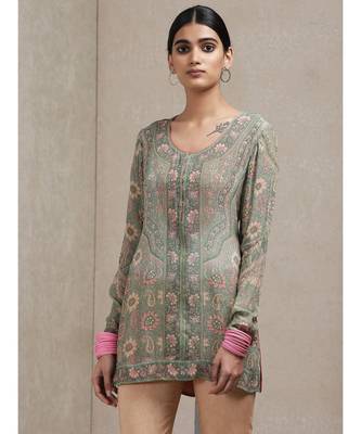 Round Neck Full Sleeves Sage Green & Pink Kurti 1